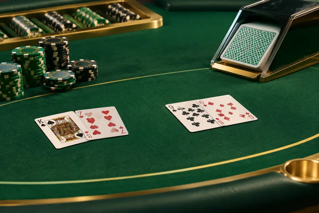 Kartu dan sepatu kartu pada meja baccarat berwarna hijau