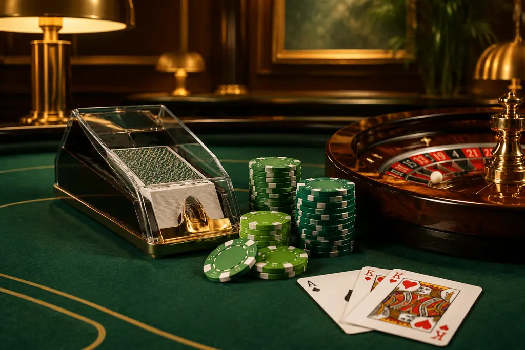 Susunan kartu, chip, dan roda roulette di ruang kasino hijau