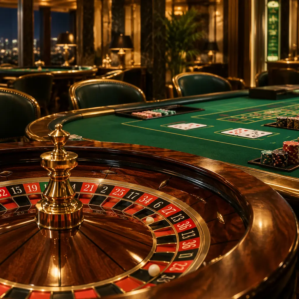 Interior kasino dengan meja roulette dan baccarat dalam nuansa hijau hutan