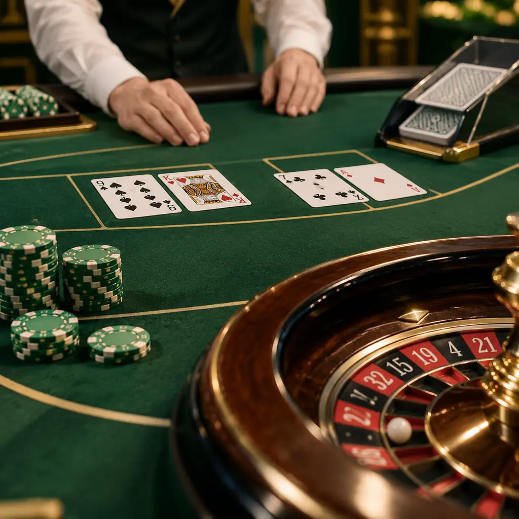 Meja kartu dan roulette dalam suasana kasino live