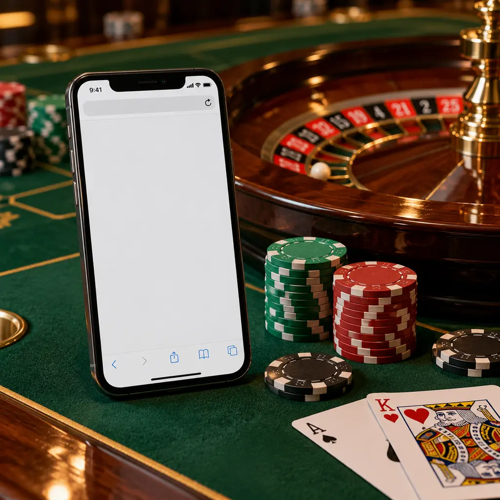 Ponsel dengan layar browser sederhana di samping kartu dan chip kasino