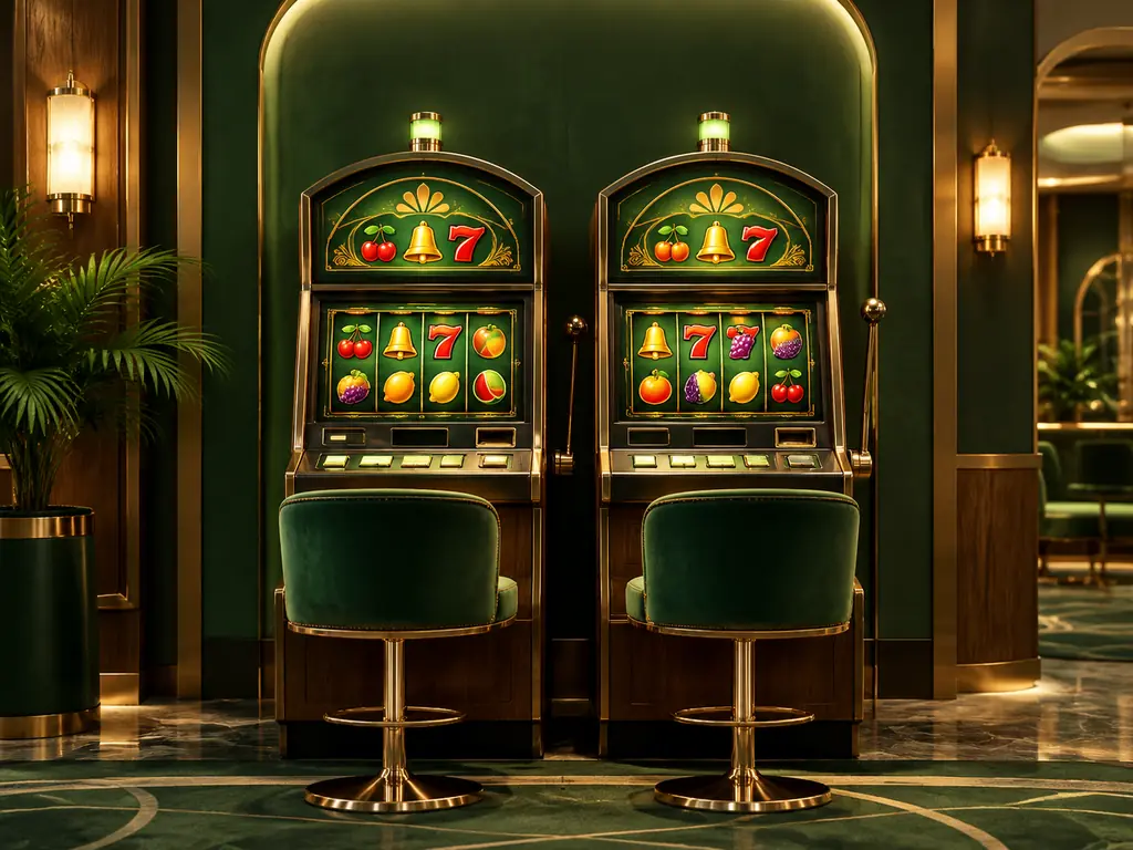 Mesin slot bertema buah di area kasino hijau