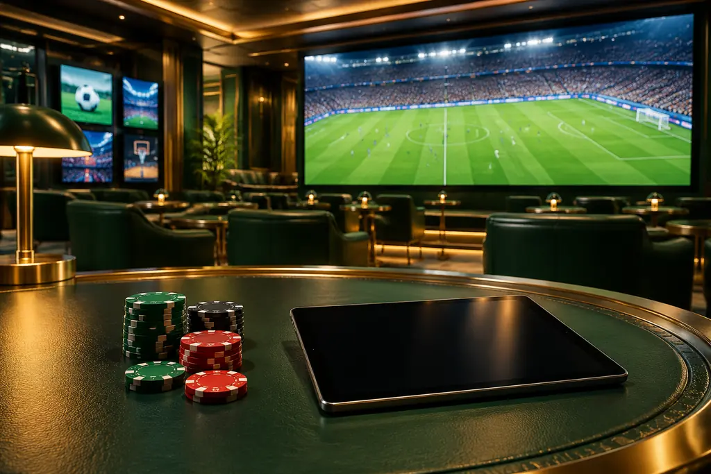 Area sportsbook kasino dengan layar sepak bola dan perangkat meja