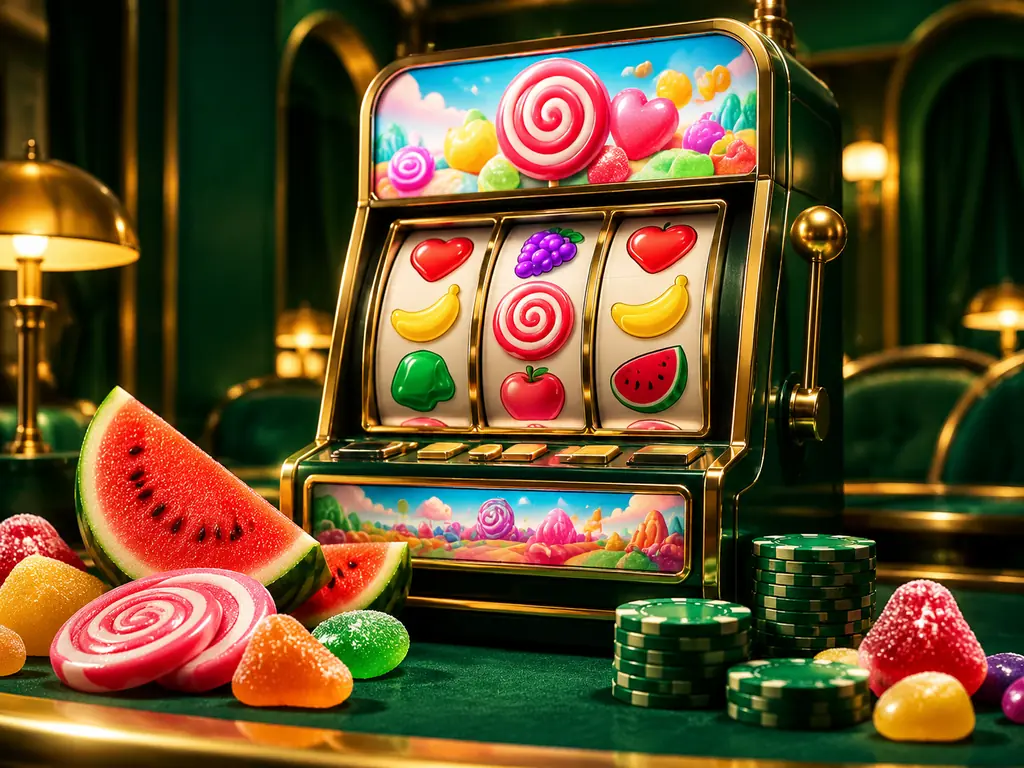 Mesin slot kasino bertema permen dan buah berwarna cerah